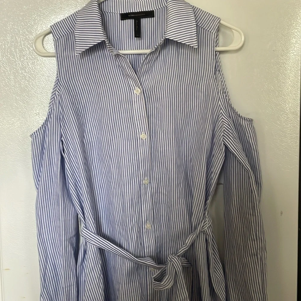 BCBGMaxAzria XS Cotton‎ Blue Striped Cold Shoulder Dress